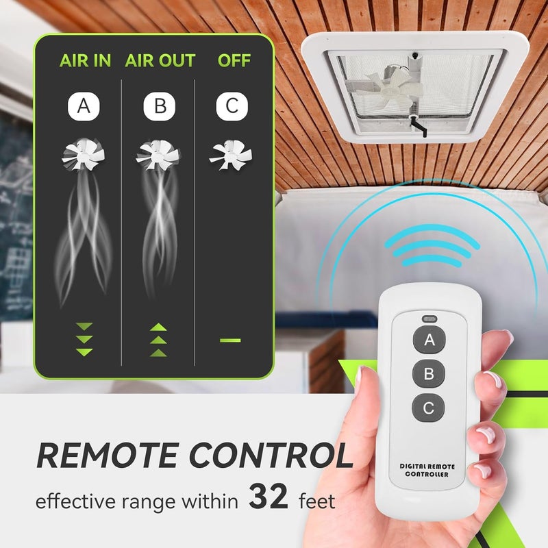 RVMATE مروحة تهوية سقف RV عن بُعد 14" لـ RV/كامبر/مقطورة، مروحة تهوية سقف RV بيضاء قابلة للعكس مع تحكم عن بُعد و12V ومراوح 6" - Image 3